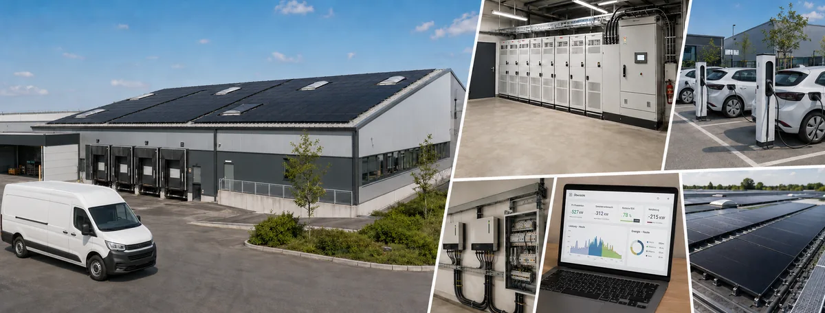 Gewerbegebäude mit Photovoltaikanlage, Batteriespeicher und Ladeinfrastruktur
