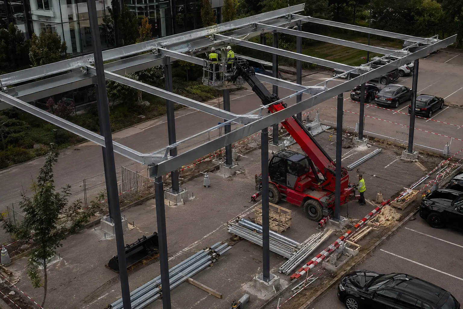 Commercial solar carport during construction