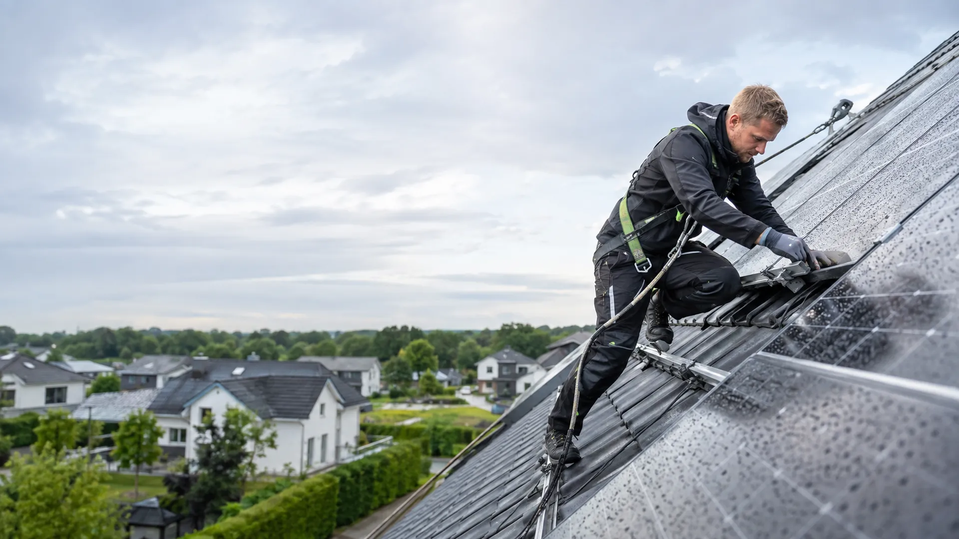 Gesicherter Monteur bei Arbeiten an einer Photovoltaikanlage auf einem Hausdach