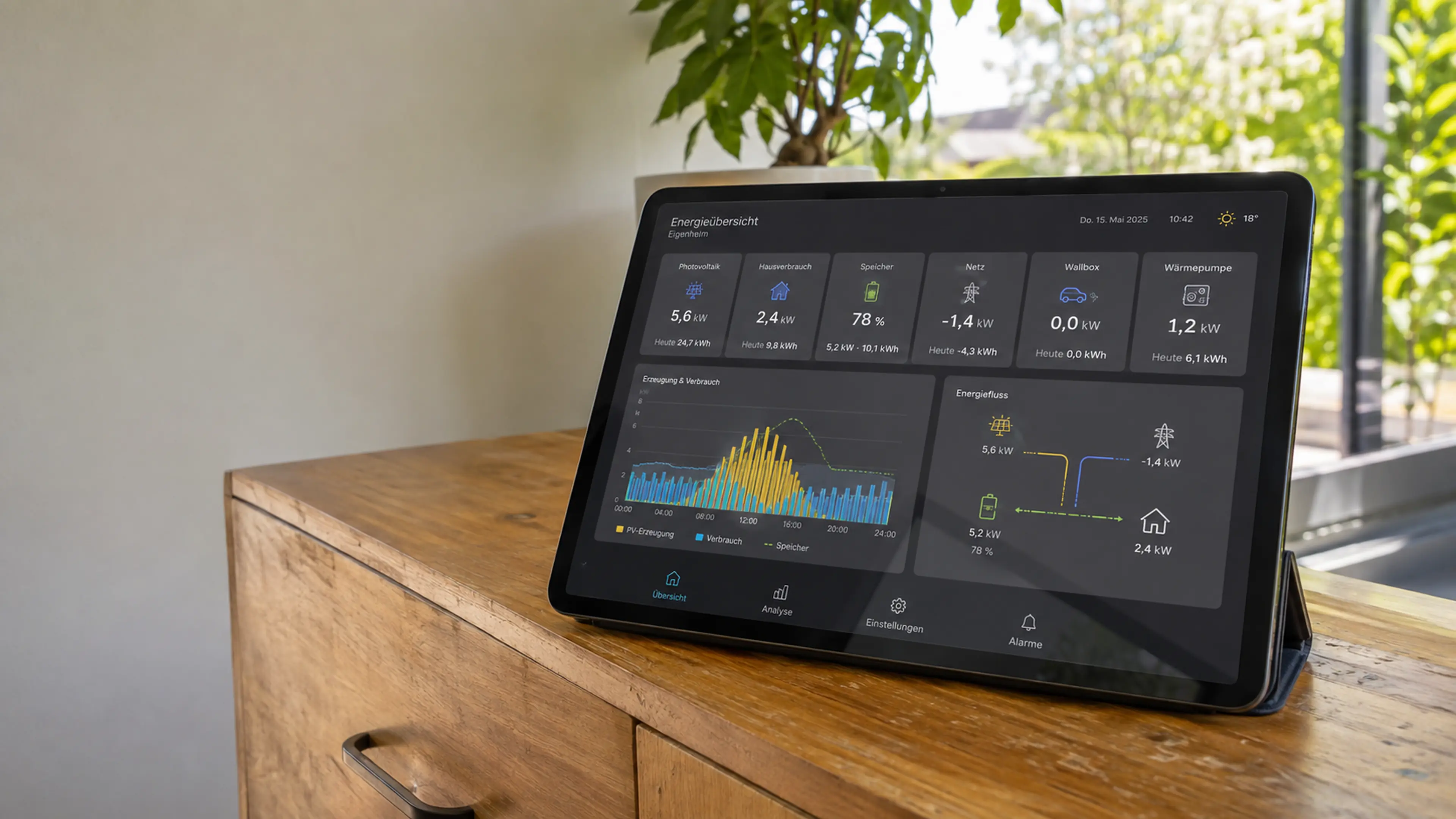 Tablet mit digitaler Übersicht eines vernetzten Energiesystems im Eigenheim