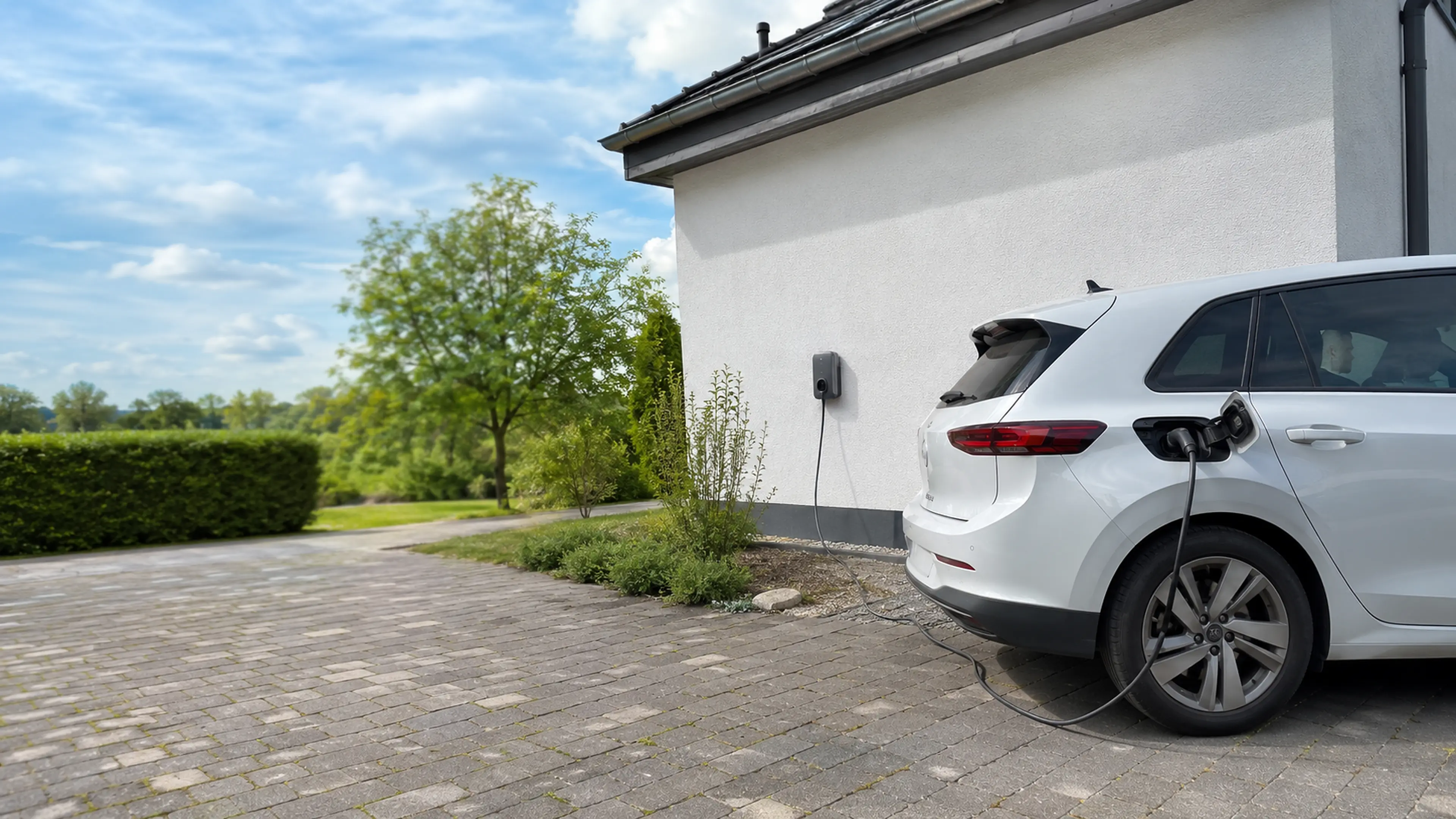 Elektroauto an einer Wallbox vor einem modernen Eigenheim