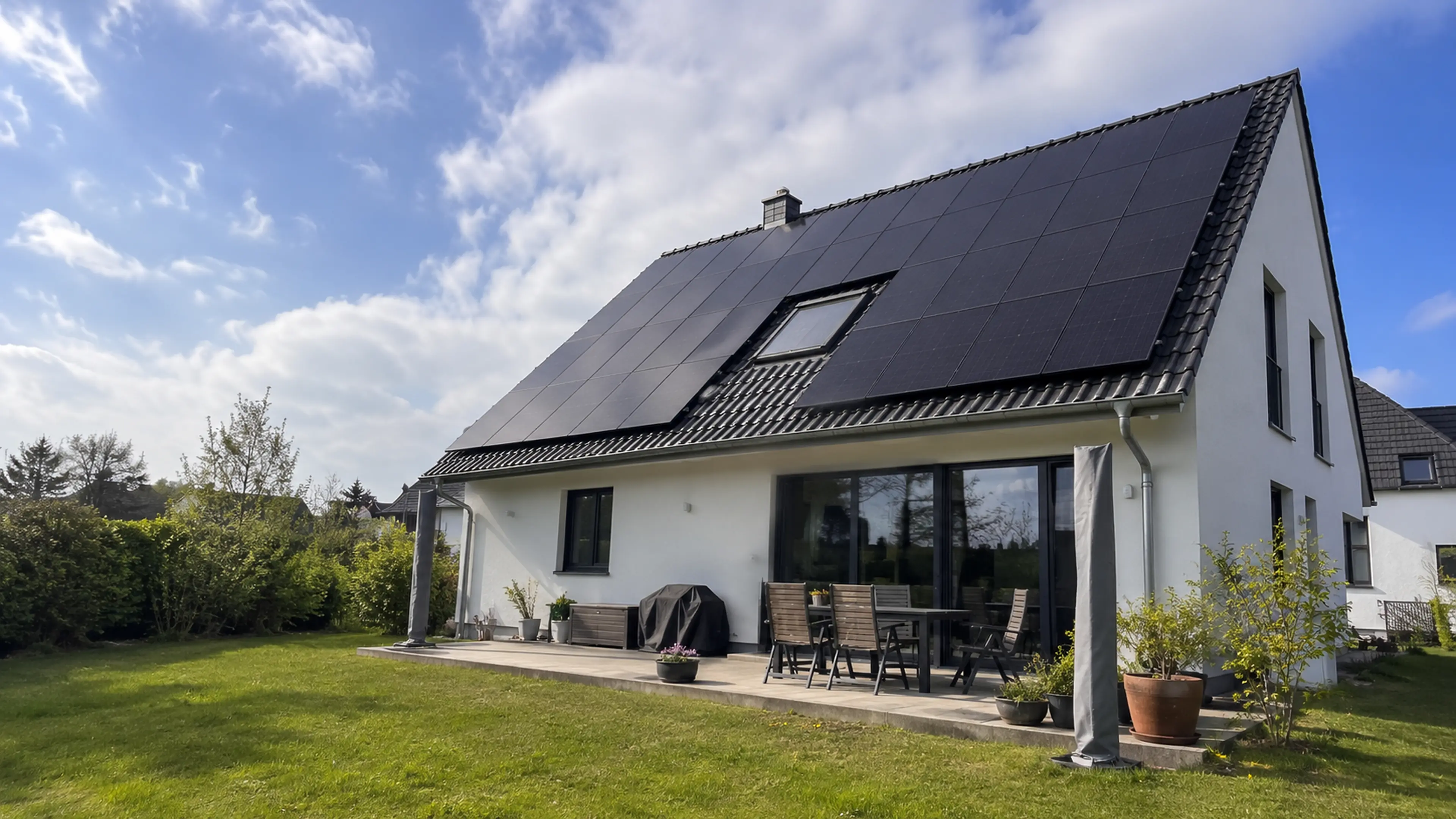 Modernes Eigenheim mit großflächiger Photovoltaikanlage auf dem Dach