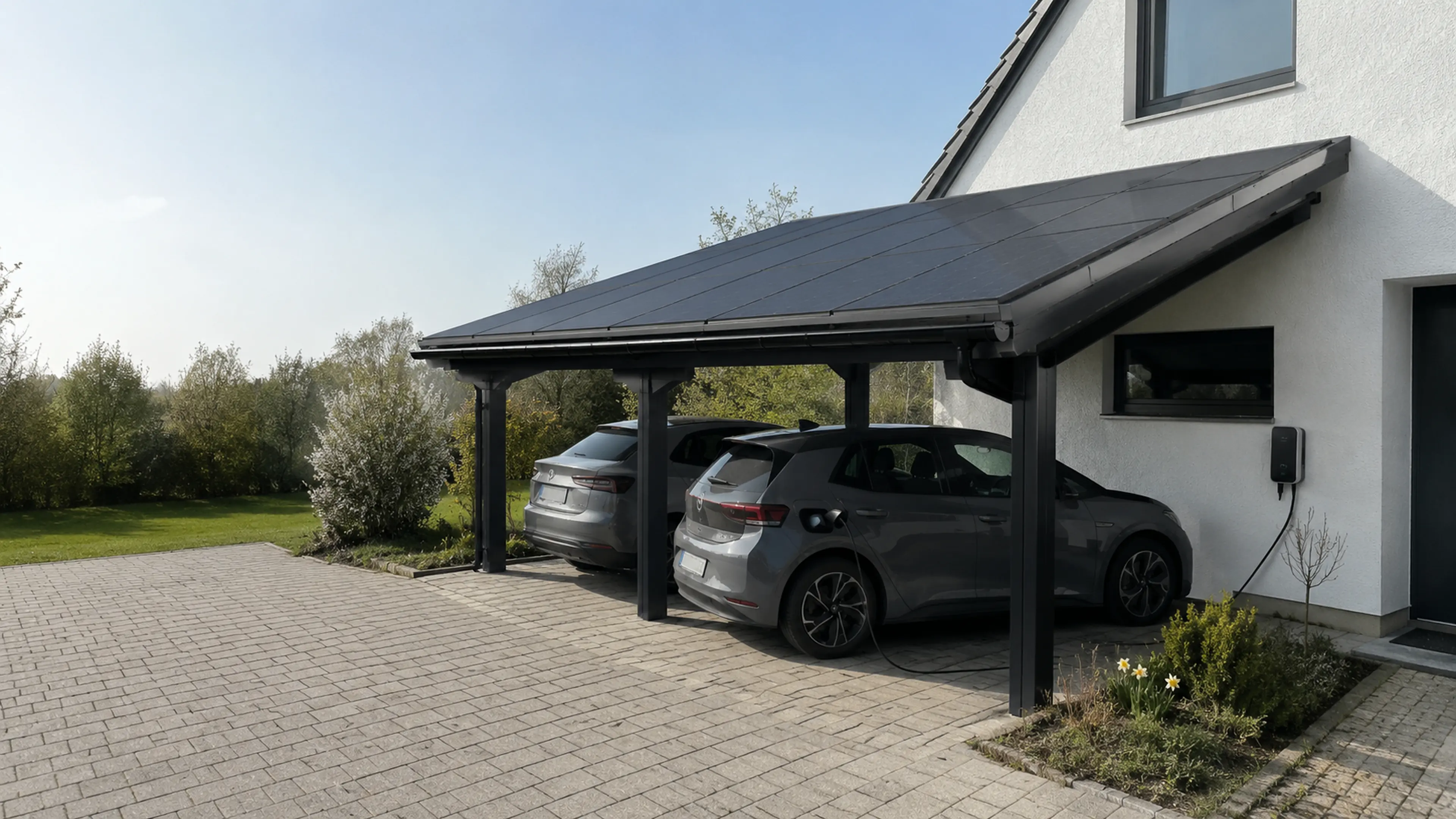 Solarcarport mit Elektrofahrzeug und integrierter Ladeeinrichtung