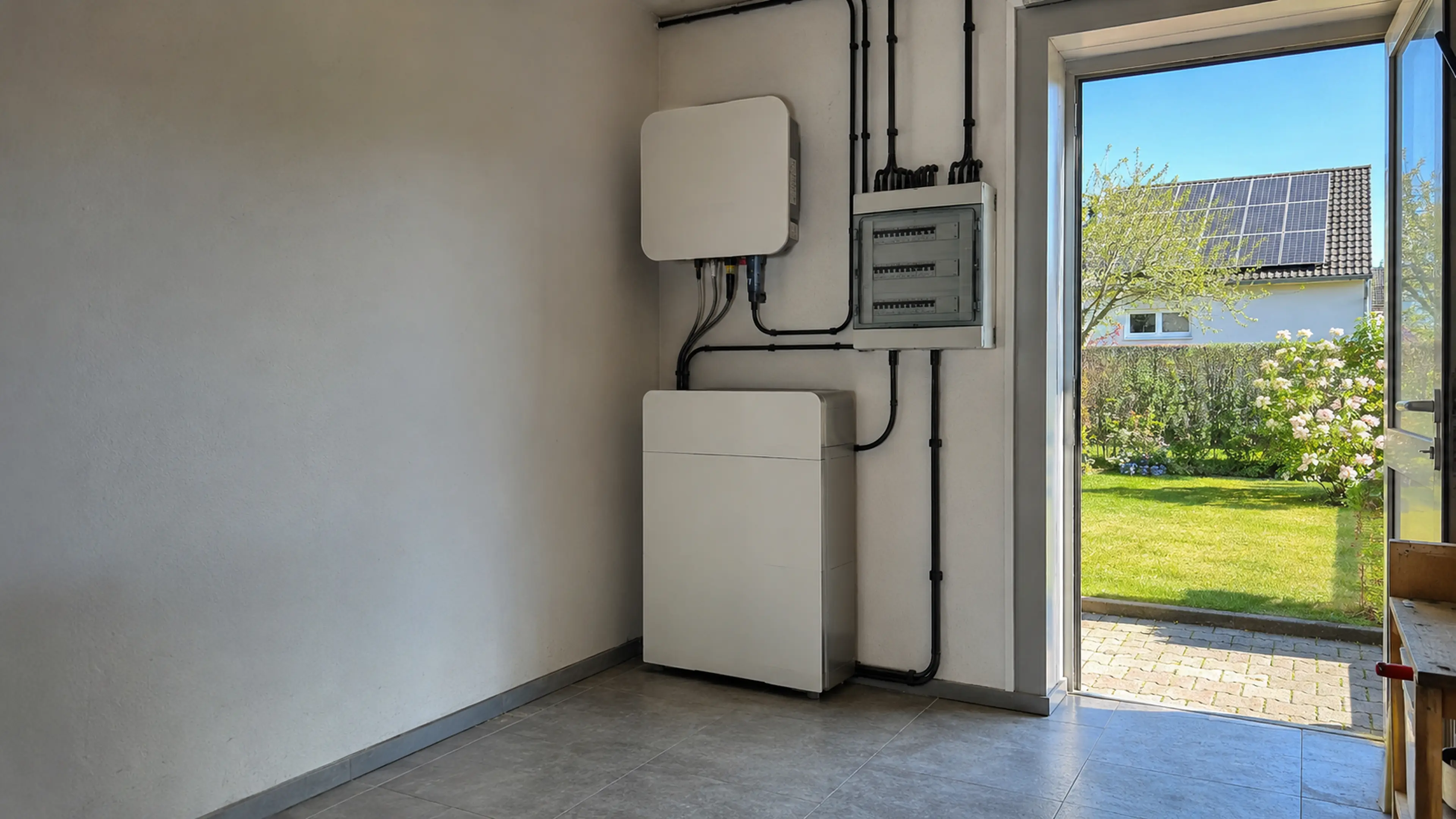 Batteriespeicher und Wechselrichter in einem modernen Einfamilienhaus