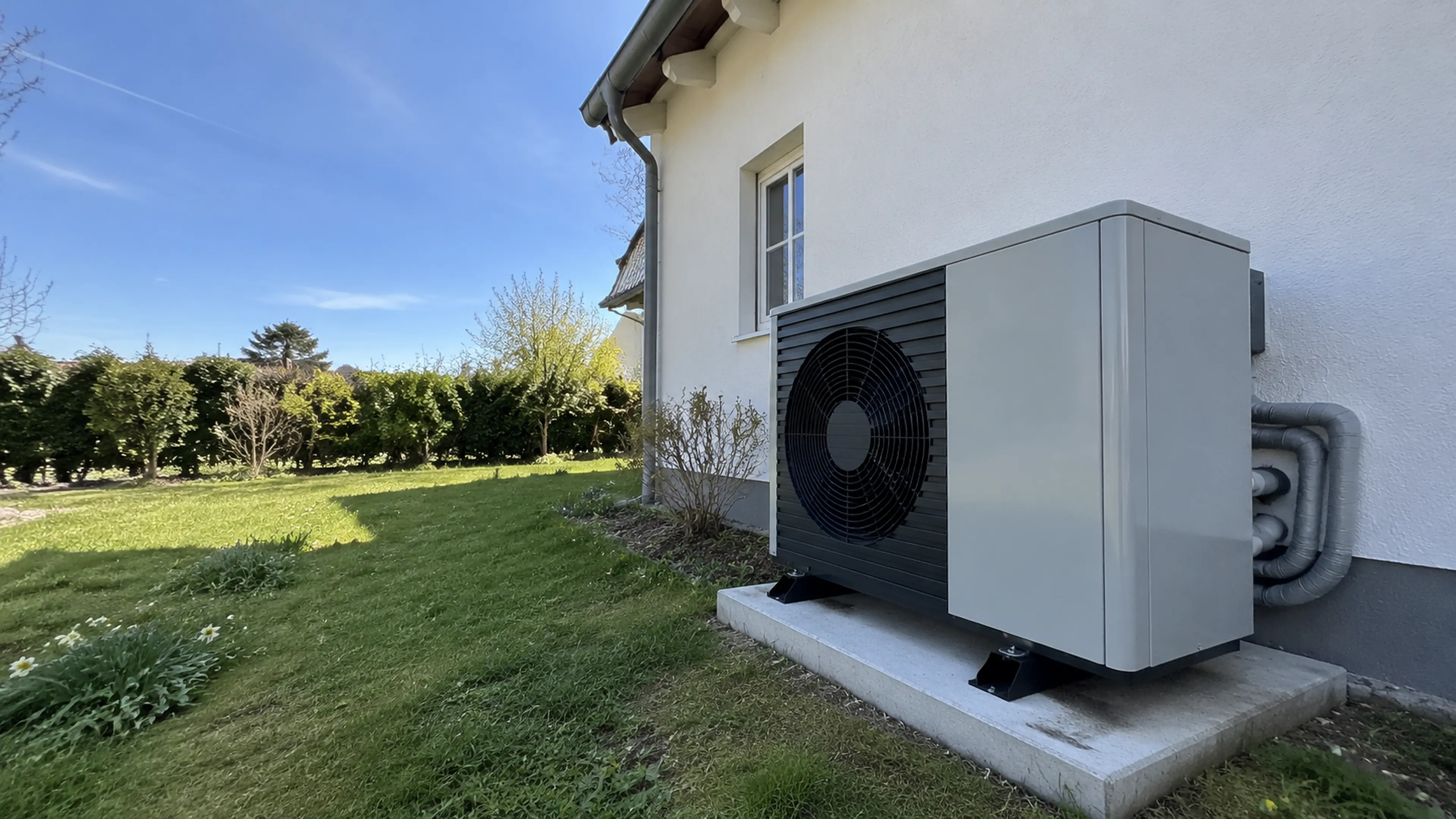 Luft-Wasser-Wärmepumpe vor einem energieeffizienten Einfamilienhaus