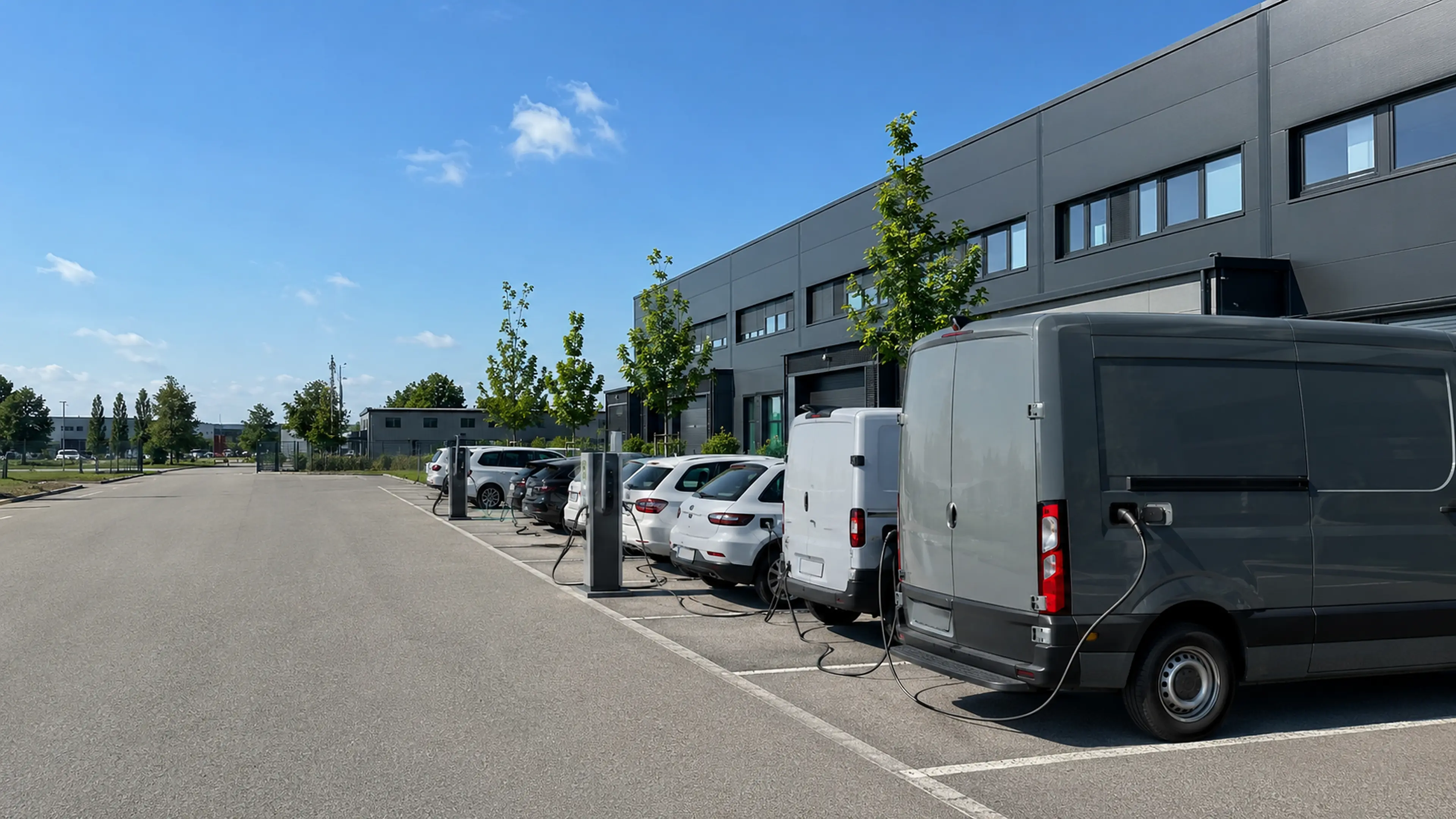 Gewerblicher Parkplatz mit mehreren Ladestationen für Elektrofahrzeuge