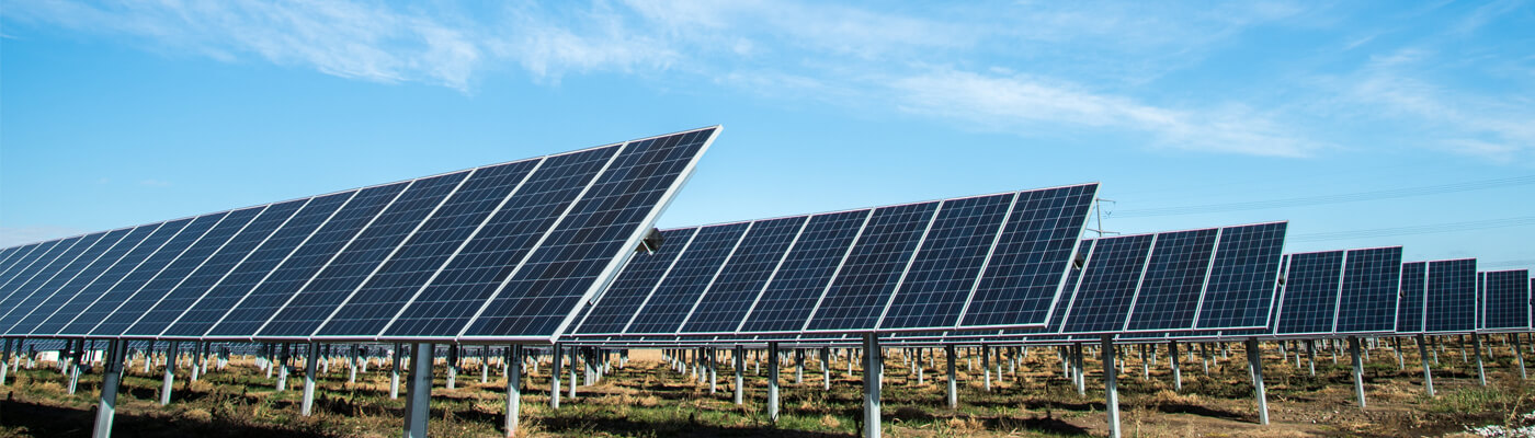 Freiflächenanlage mit großen Photovoltaikmodulen.