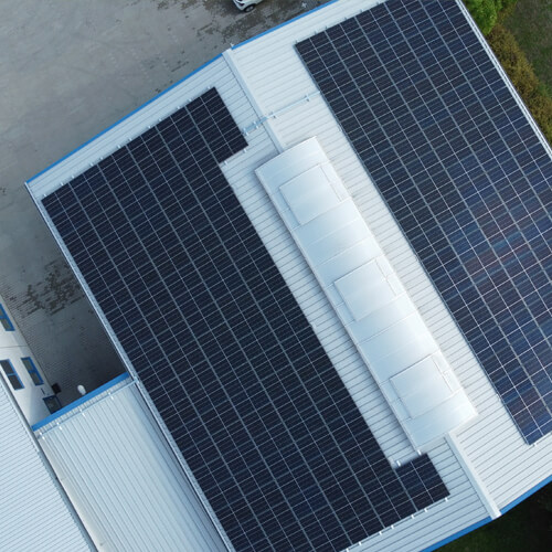 Aerial view of a commercial system with 82 kWp output.