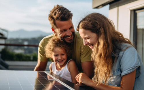 Familie sitzt zusammen vor einem Solarmodul