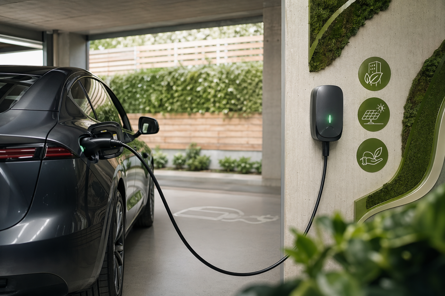 Modern wallbox installation in the underground parking garage of a multi-family residential building with an electric vehicle connected to the charging station.