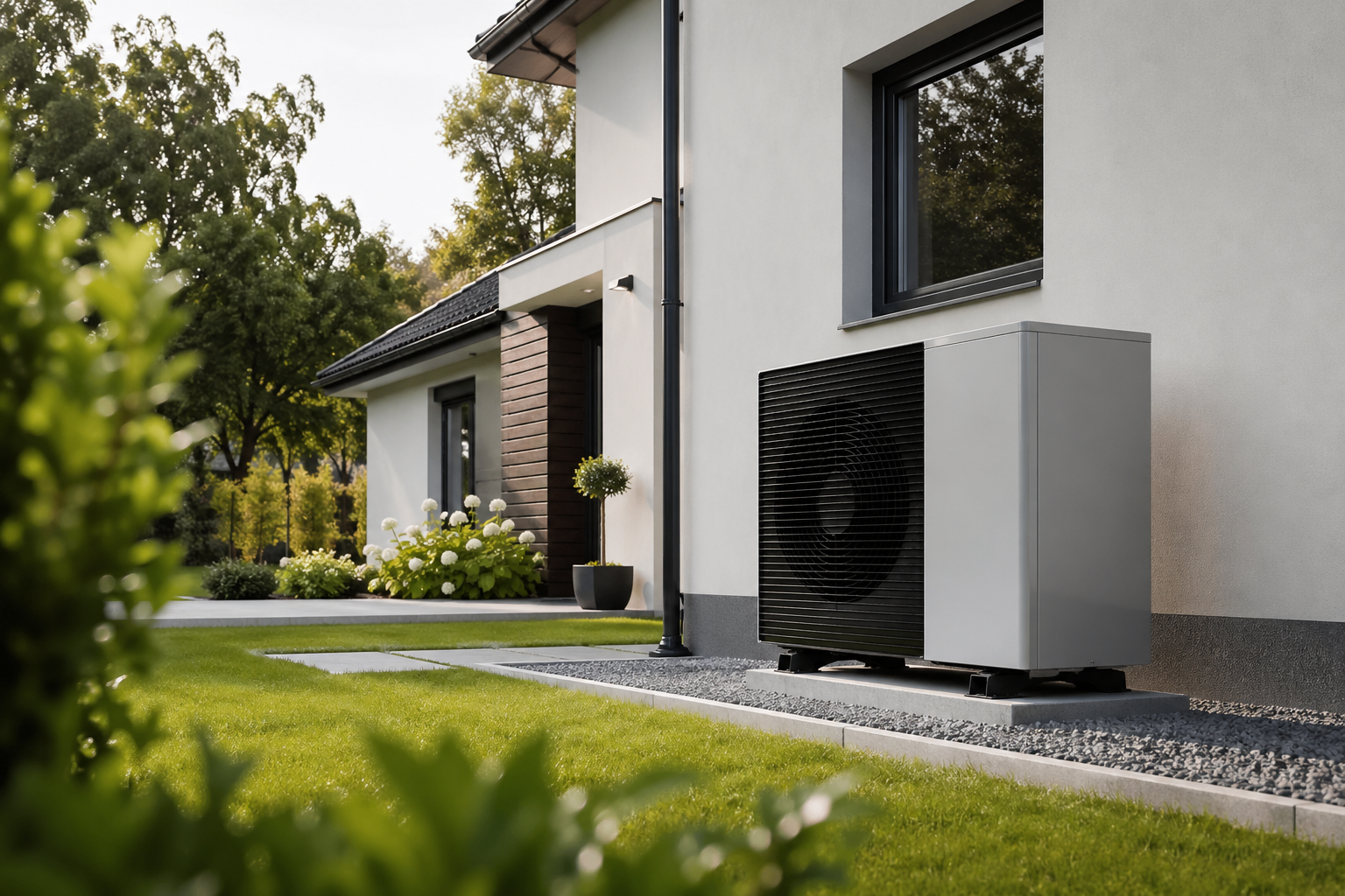 Modern heat pump installed at an energy-efficient single-family home in Germany, demonstrating renewable heating technology and available funding opportunities in 2026.